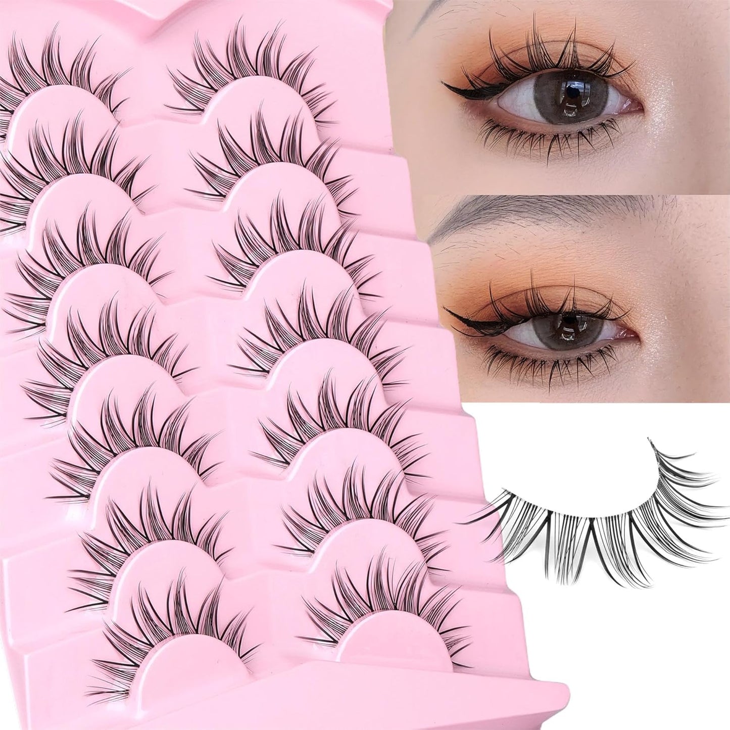 Manga Lashes Mink False Eyelashes Natural Look Wispy Anime Manhua Lashes Korean K-Pop Makeup Lashes with Clear Band Spiky Girl Group Idol Fake Eyelashes Pack by